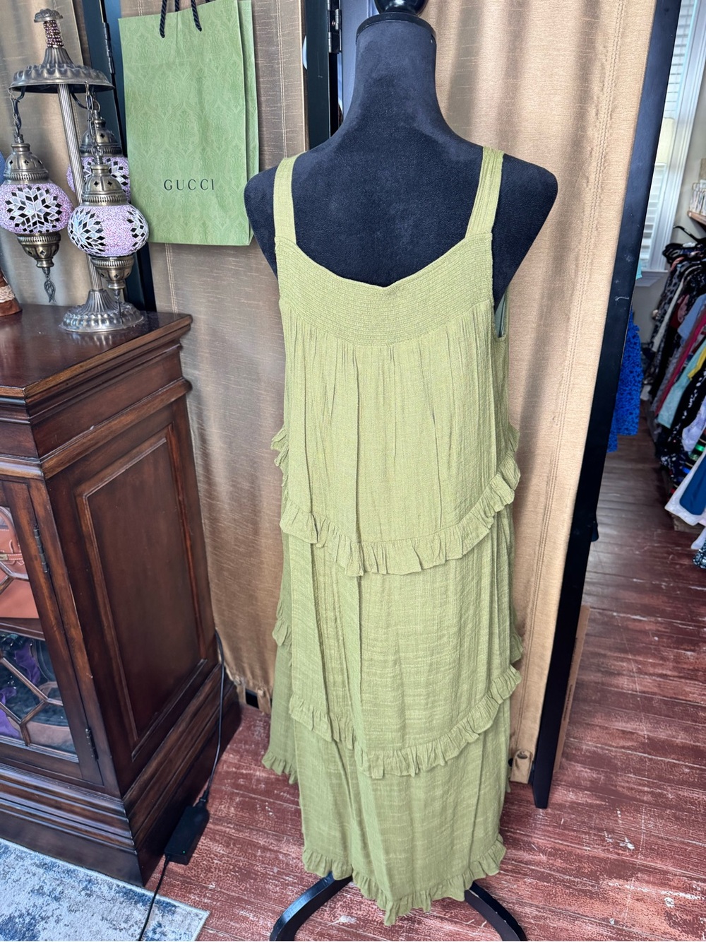 Emelia Olive Green Tiered Ruffle Maxi Dress Boho Sleeveless Size L - Picture 4 of 9